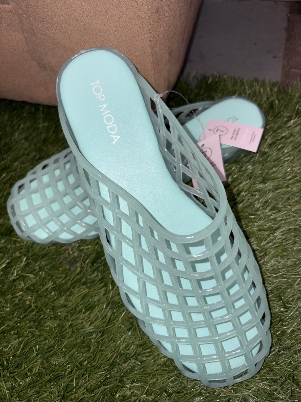 TOP Moda Mint Green Lattice Slide Mules